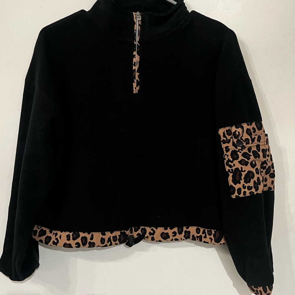 Black and Leopard Print Quarter-Zip Sweater